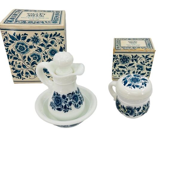 Vintage Avon Delft Blue Floral Pitcher, Bowl & Cup Skin So Soft with Boxes - Picture 3 of 16
